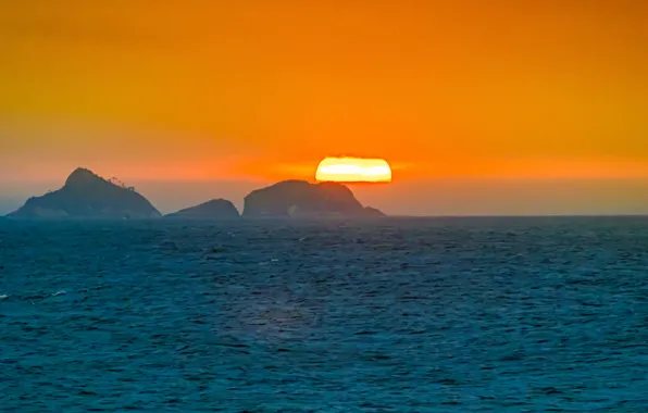 Sea, sunset, island, Brazil, Rio de Janeiro, orange sky, Ipanema
