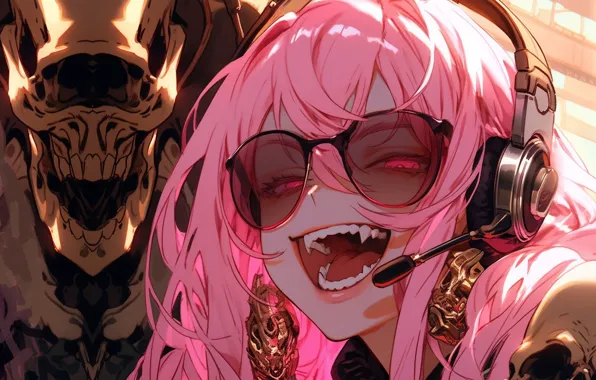 Skull, mouth, fangs, demoness, crazy eyes, headset, pink girl