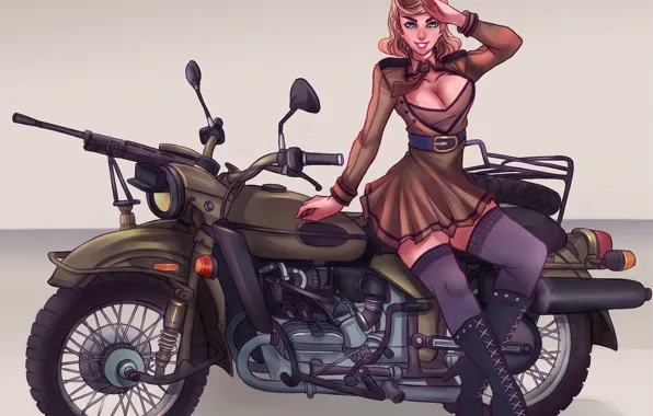 Picture chest, girl, blonde, beauty, motorcycle, machine gun, uniform