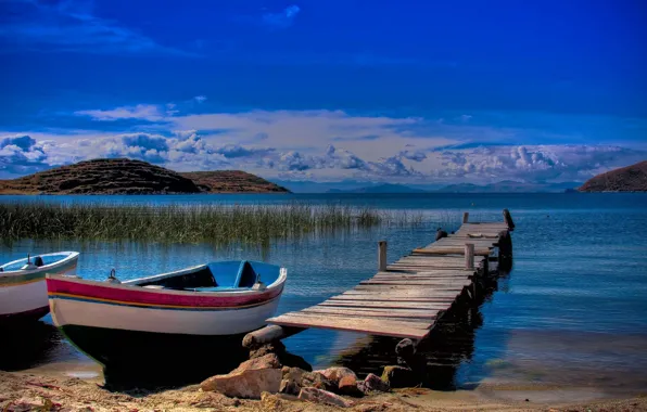 Mountains, lake, boats, pier