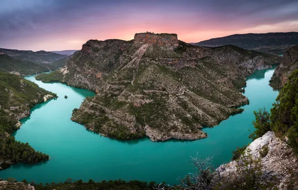 Picture mountains, river, castle