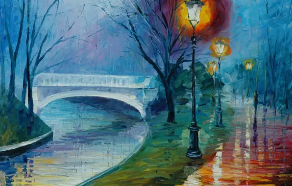 Picture road, water, light, river, rain, lights, weather, the bridge