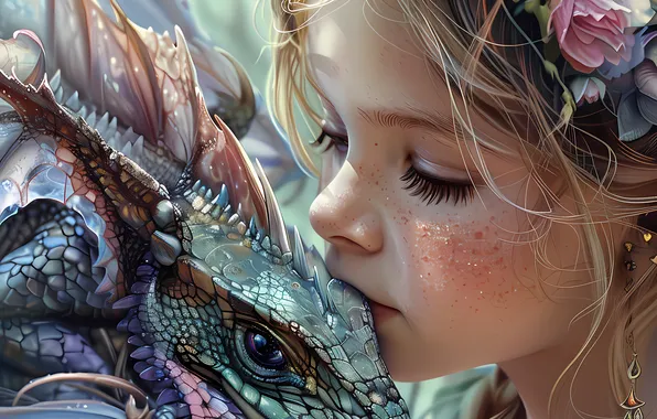 Face, flowers, pose, dragon, kiss, fantasy, girl, dragon
