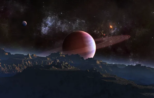 Picture the sky, mountains, planet, satellite, ring