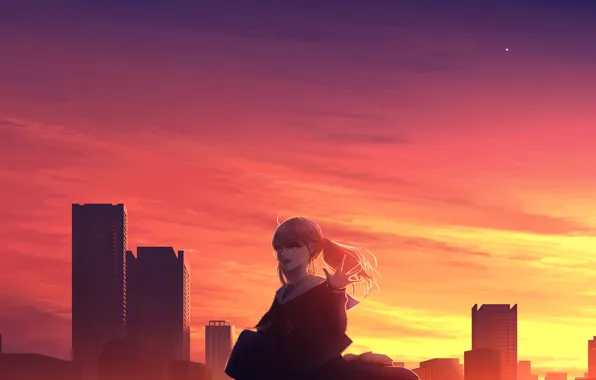 The sky, sunset, the city, schoolgirl, Nengoro