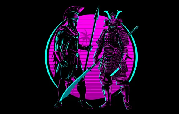 Picture retro, neon, samurai, Spartan