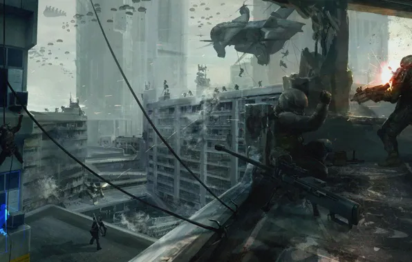 The city, war, concept, helicopter, soldiers, World War V