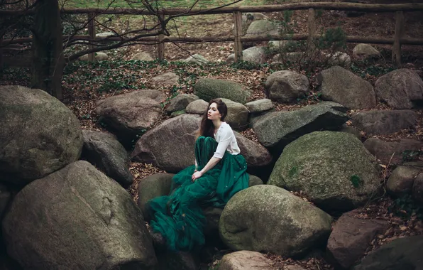 Girl, pose, stones, dress, sitting