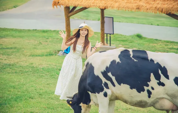 Grass, Beautiful, Asian, Model, Smile, Woman, Road, Hat