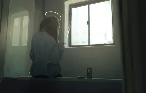 Girl, room, smokes, halo