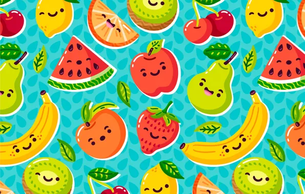 Leaves, cherry, berries, apples, texture, watermelon, kiwi, strawberry
