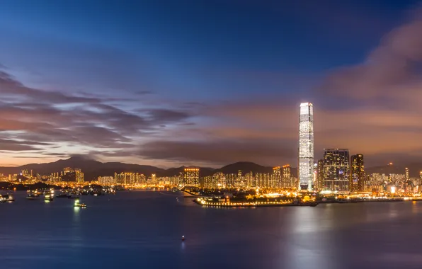 The sky, clouds, sunset, lights, China, Hong Kong, skyscrapers, the evening