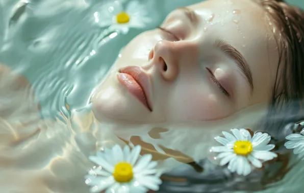 Water, girl, flowers, face, bathing, AI art, neural network