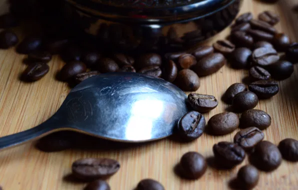 Coffee, spoon, coffee beans