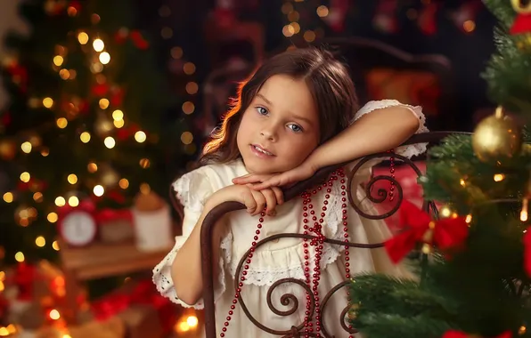 Look, pose, mood, hands, girl, New year, beads, tree