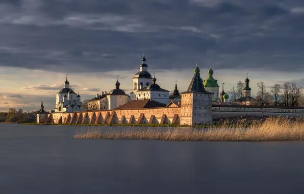 Picture lake, wall, tower, reed, Russia, the monastery, temples, Church