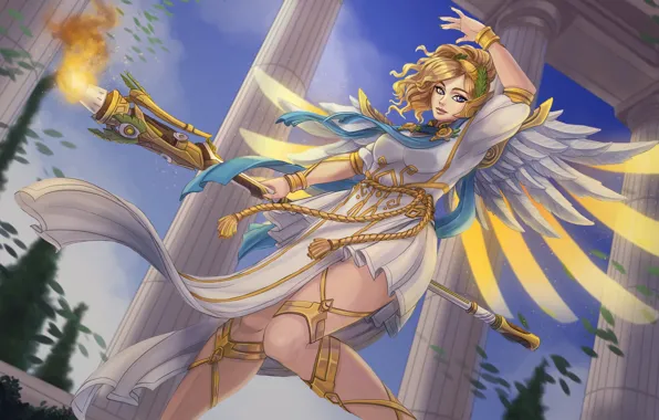 Wings, angel, art, blonde, blizzard, goddess, overwatch, mercy