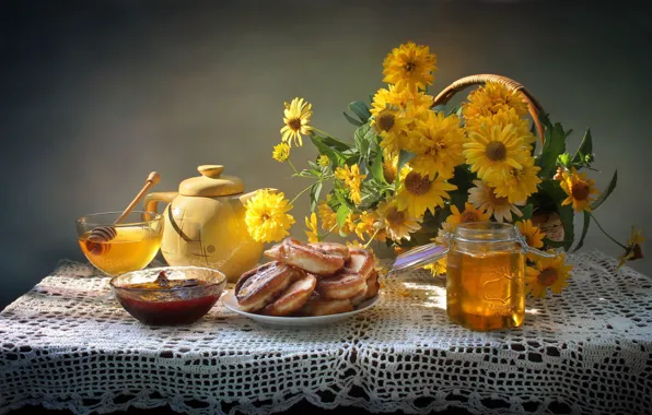Flowers, comfort, table, bouquet, yellow, kettle, the tea party, Bank