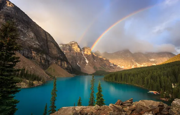 Forest, mountains, lake, rainbow, Canada, Banff National Park, Alberta, Canada