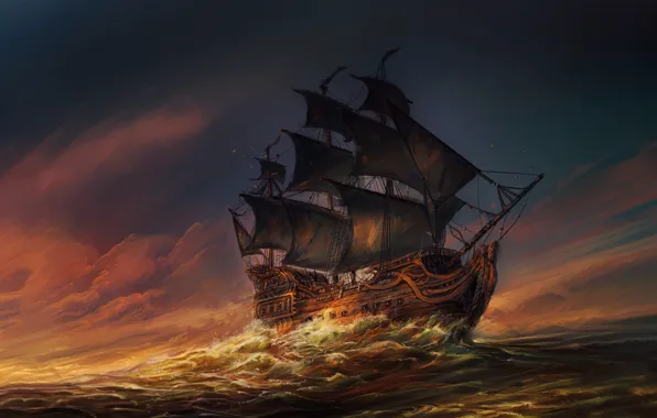 The ocean, Sea, Wave, Ship, Sails, Sunset, Ocean, Illustration