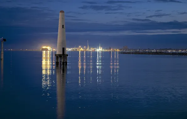 Picture sea, the sky, the city, lights, lighthouse, the evening