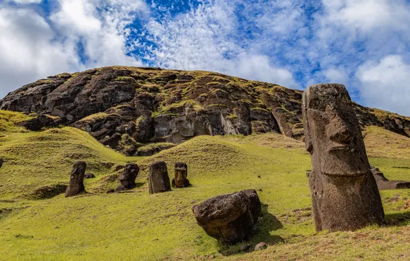 The sky, clouds, mountains, face, stones, mountain, hill, Easter island