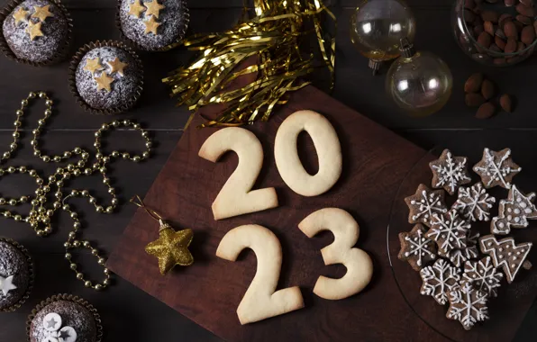 Balls, holiday, Board, star, Shine, cookies, figures, New year