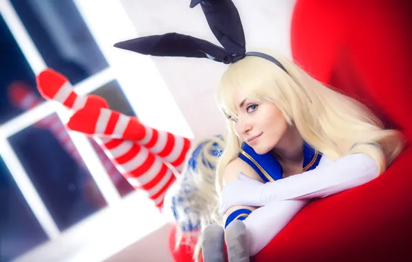 Picture pretty, window, cosplay, blonde, sofa, rabbit ears, Kantai Collection, Shimakaze