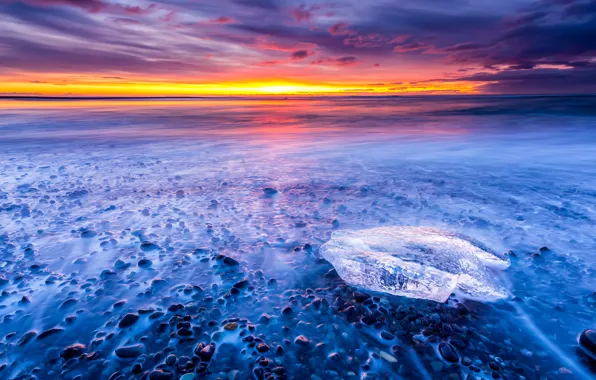Picture ice, winter, sea, the sky, clouds, landscape, sunset, pebbles