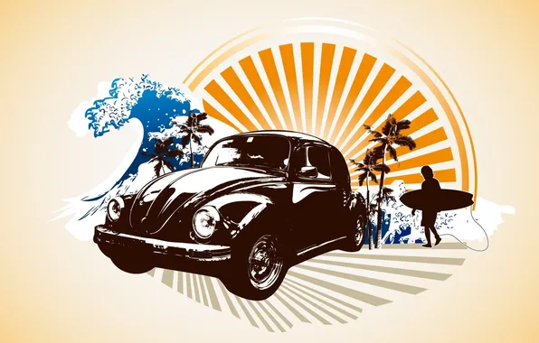 Sunset, palm trees, wave, surfer, Volkswagen Beetle