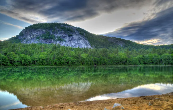 Picture the sky, trees, mountains, lake, the evening