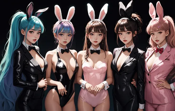 Girls, group, anime, rabbits, ears, Asian girls