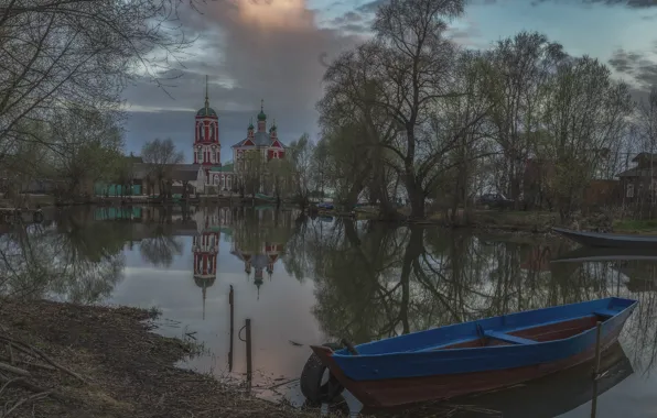 Picture landscape, nature, the city, river, boat, spring, temple, Pereslavl-Zalesskiy