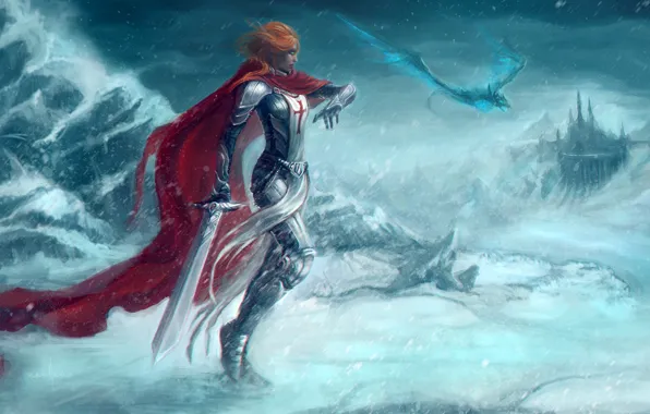 Picture cold, road, girl, snow, red, weapons, dragon, sword