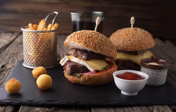 Cheese, meat, sauce, hamburger, buns, ham