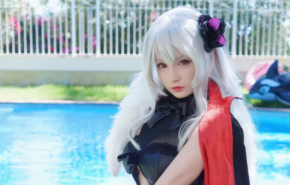 Girl, sexy, pool, cleavage, blouse, long hair, boobs, beautiful