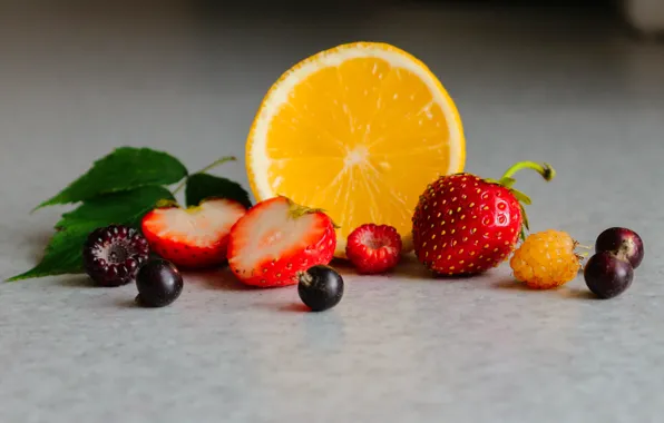Leaves, berries, raspberry, table, orange, red, black, cloudberry