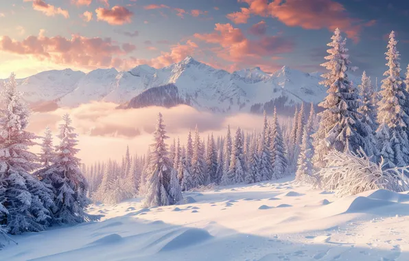 Winter, frost, forest, the sky, clouds, light, snow, mountains