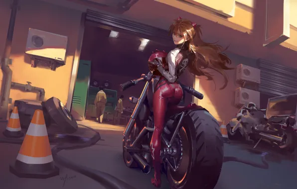 Picture girl, motorcycles, garage, anime, art, costume, helmet, red