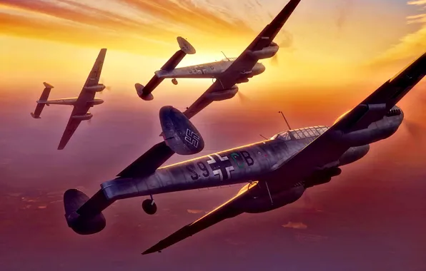 Germany, Messerschmitt, fighter-bomber, artwork, Luftwaffe, Bf.110, Destroyer, WWII