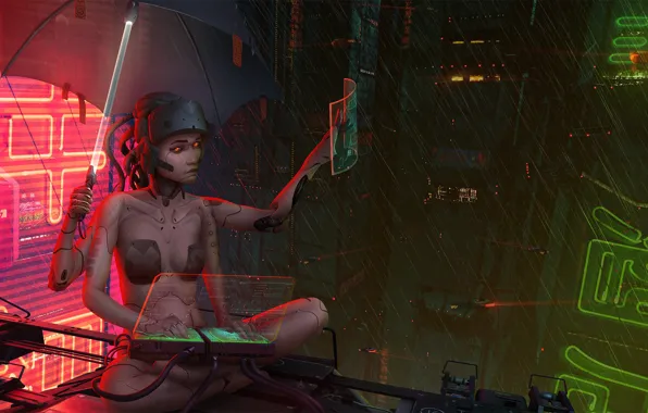 Girl, Future, Robot, Neon, Rain, Umbrella, City, Fantasy