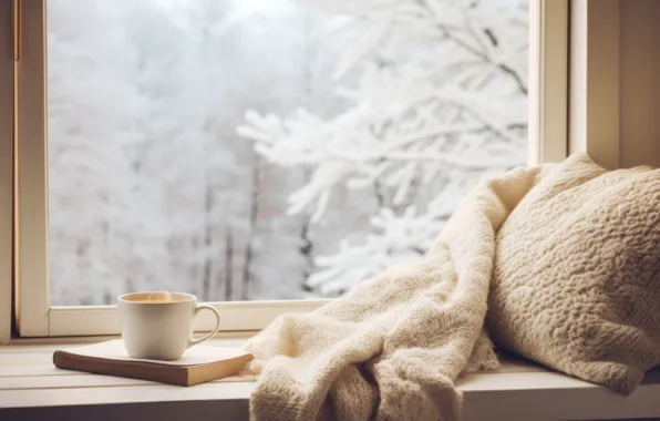 Winter, glass, balls, snow, comfort, window, Christmas, mug