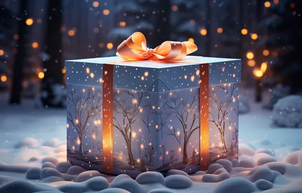 Winter, forest, light, snow, trees, night, branches, lights