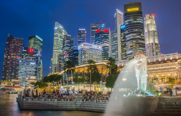 Night, lights, people, home, Singapore, stage, fountain, Marina Bay