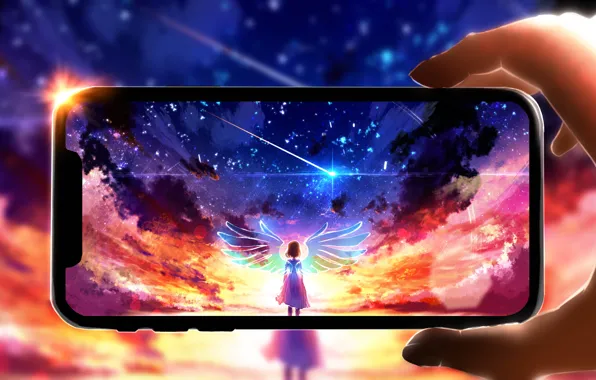 Girl, sunset, iPhone, fairy, Wings, Smartphone