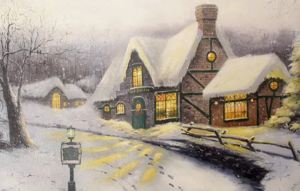 Picture winter, snow, picture, painting, cottage, Thomas Kinkade, Olde Porterfield Gift Shoppe