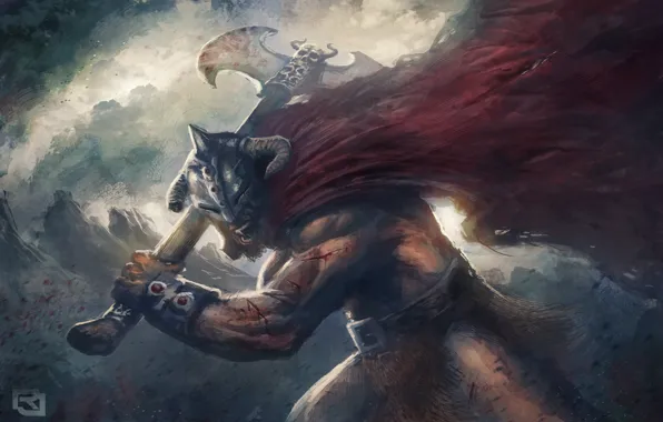 Rage, helmet, axe, cloak, barbarian