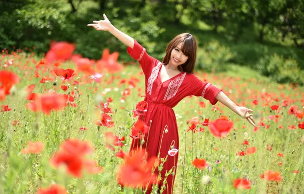 Field, summer, look, smile, Mac, dress, Asian