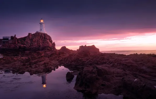 The ocean, rocks, dawn, lighthouse, Lighthouse, Jersey, Corbiere