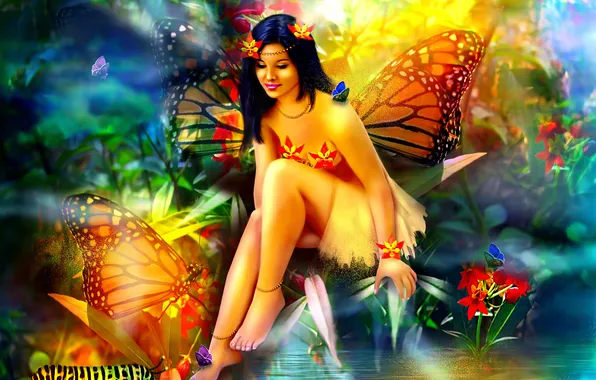 Picture look, water, girl, butterfly, flowers, nature, reflection, background